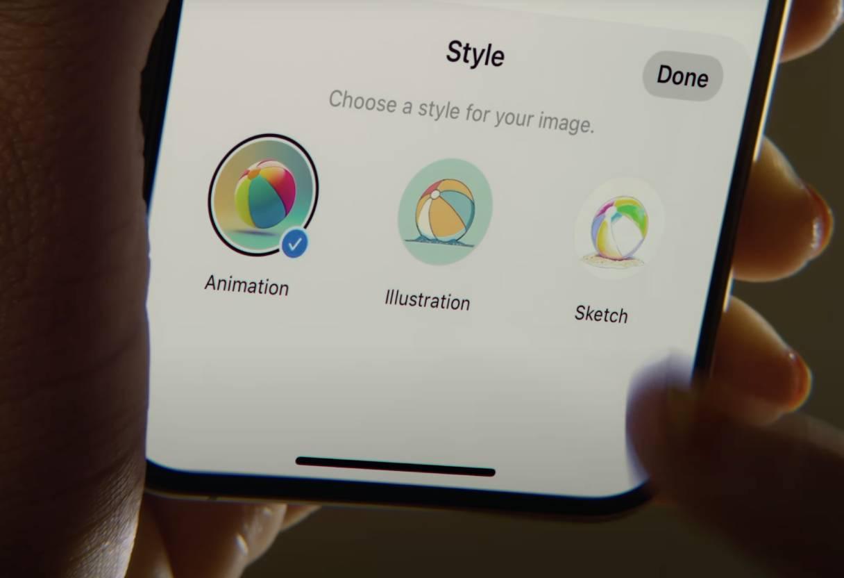 Apple's Image Playground app showcasing the 3 image styles available: Animation, Illustration, & Sketch