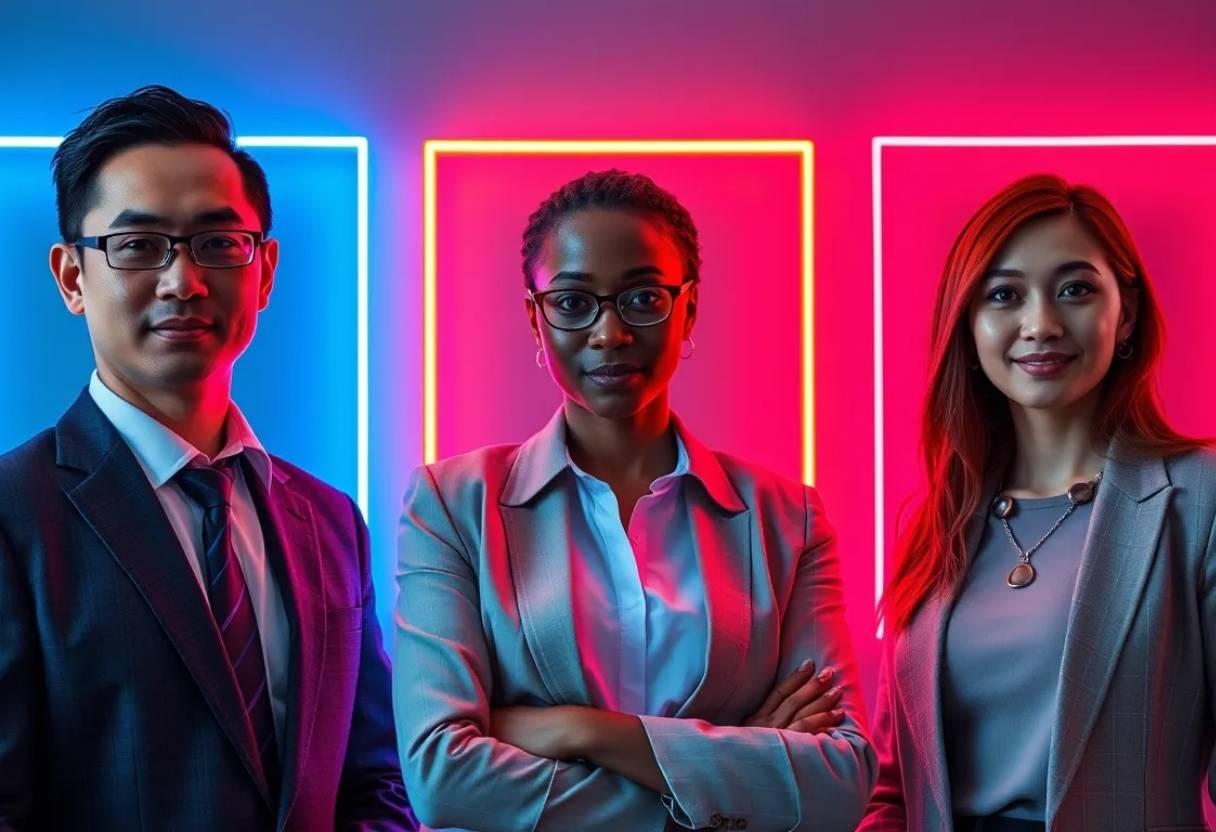 3 business professionals, standing side by side, looking at the camera, with a neon portrait frames in different colors surrounding each of them.