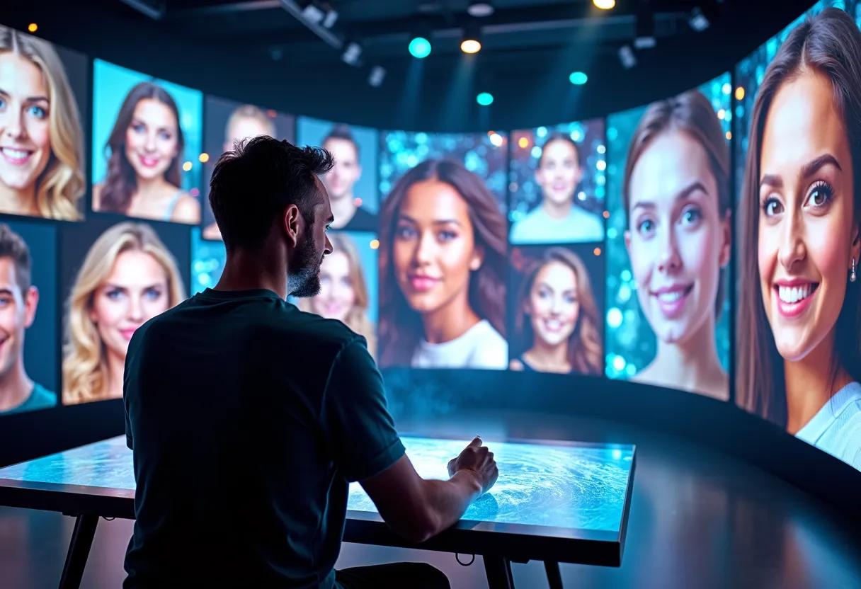 AI artist at work, surrounded by holographic screens displaying an array of AI-generated headshots