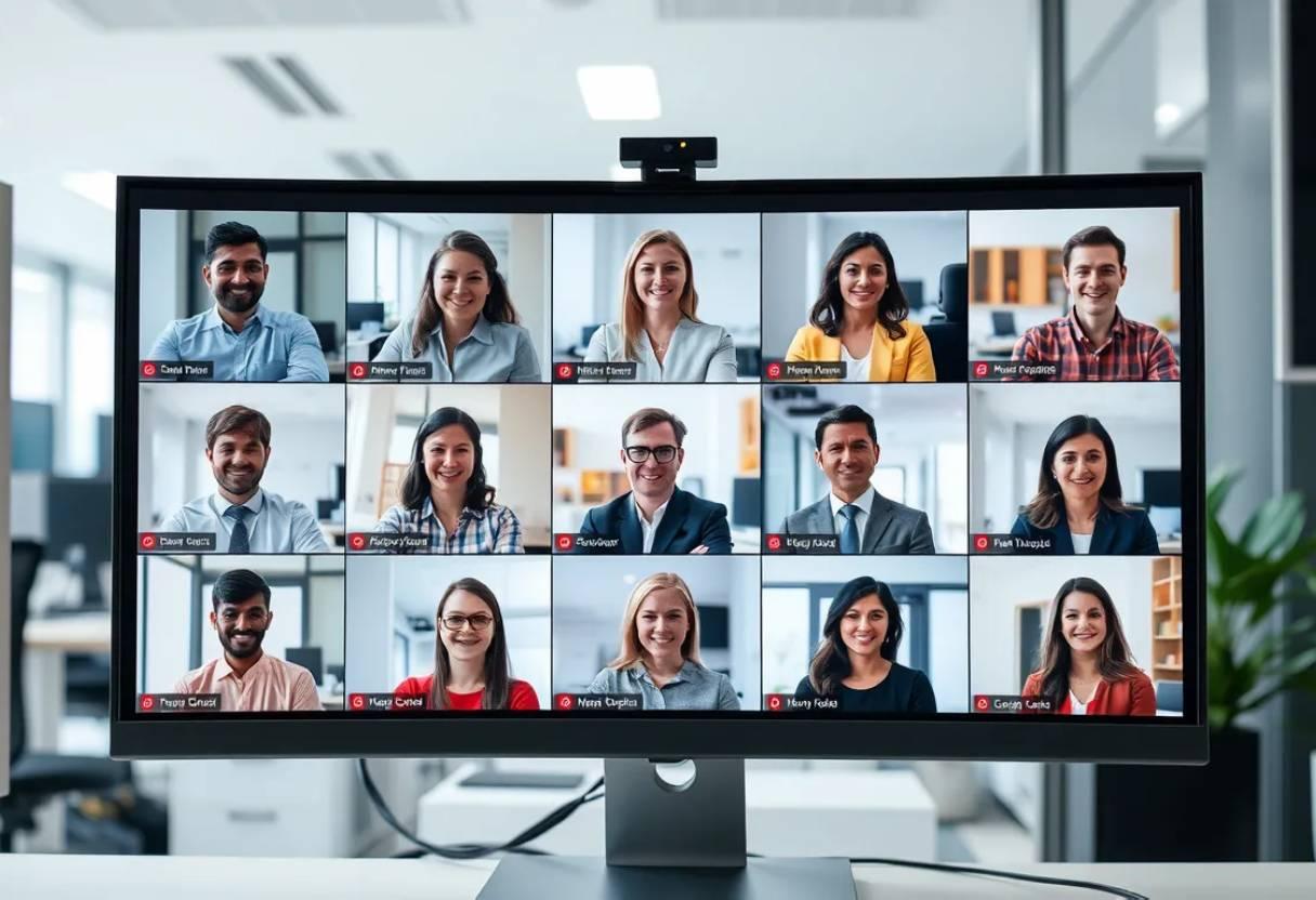 AI artist at work, surrounded by holographic screens displaying an array of AI-generated headshots