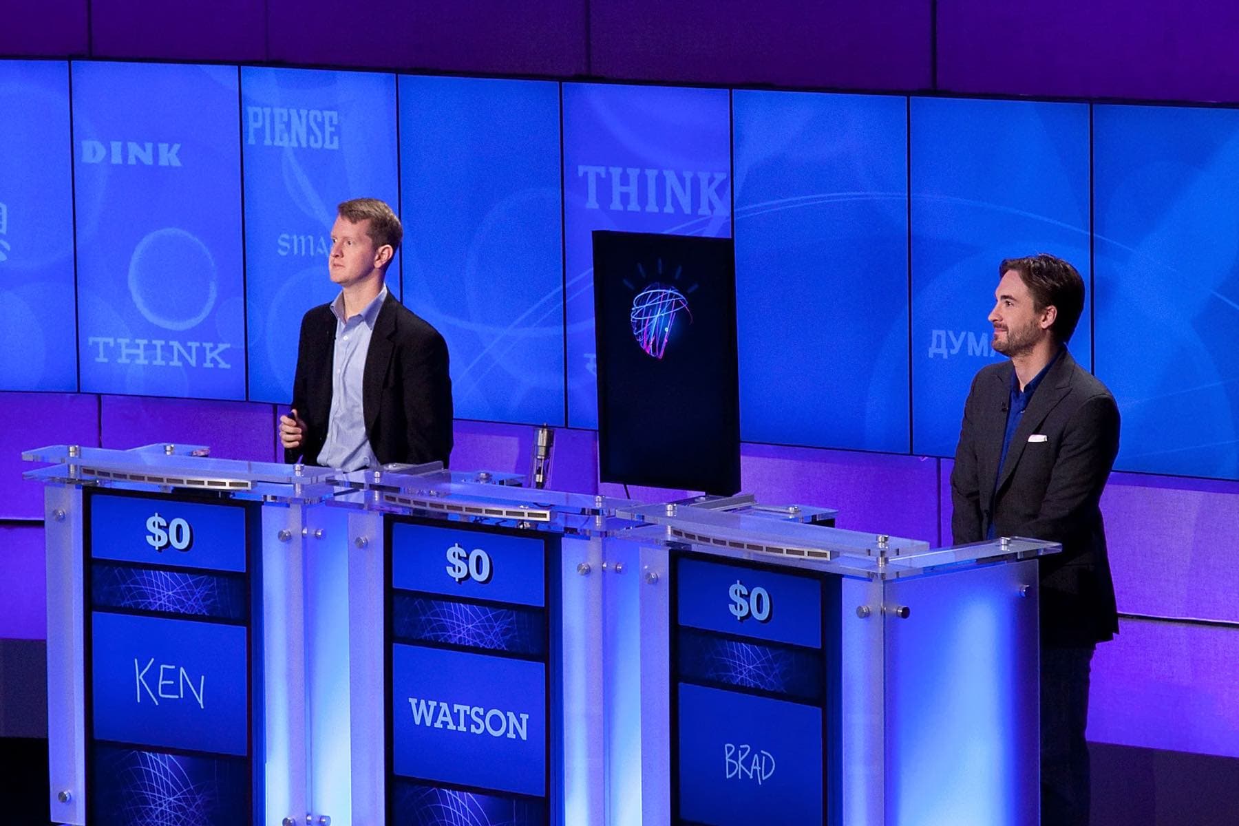 Watson defeating Jeopardy champions Ken Jennings and Brad Rutter