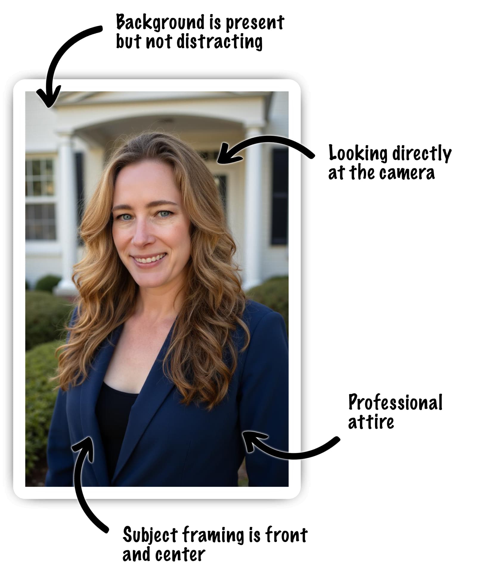 A picture of a female realtor, wearing a navy blue suit, standing in front of suburban home, with tooltips