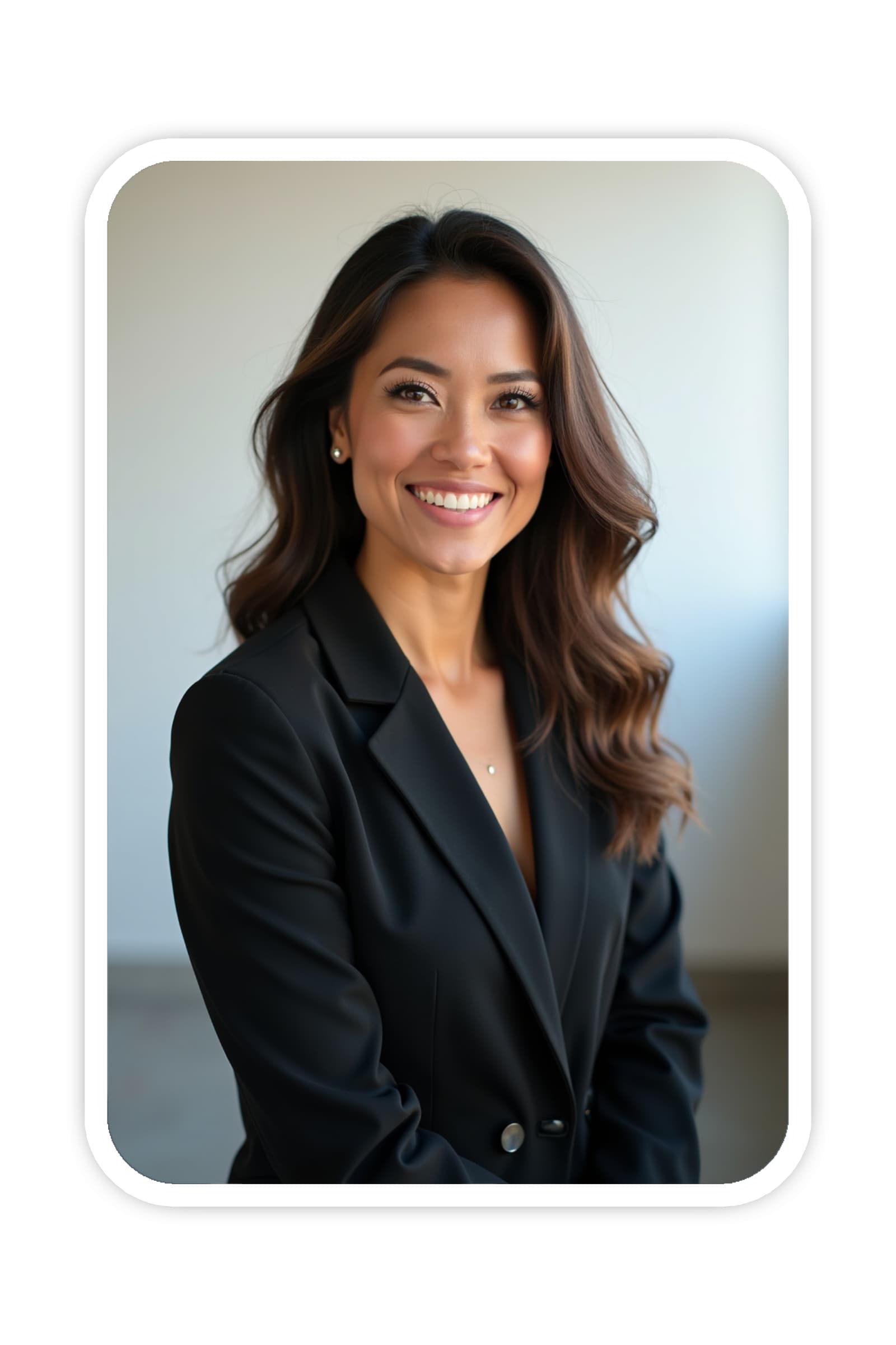 Female realtor headshot, wearing a black suit, standing in front of a backdrop