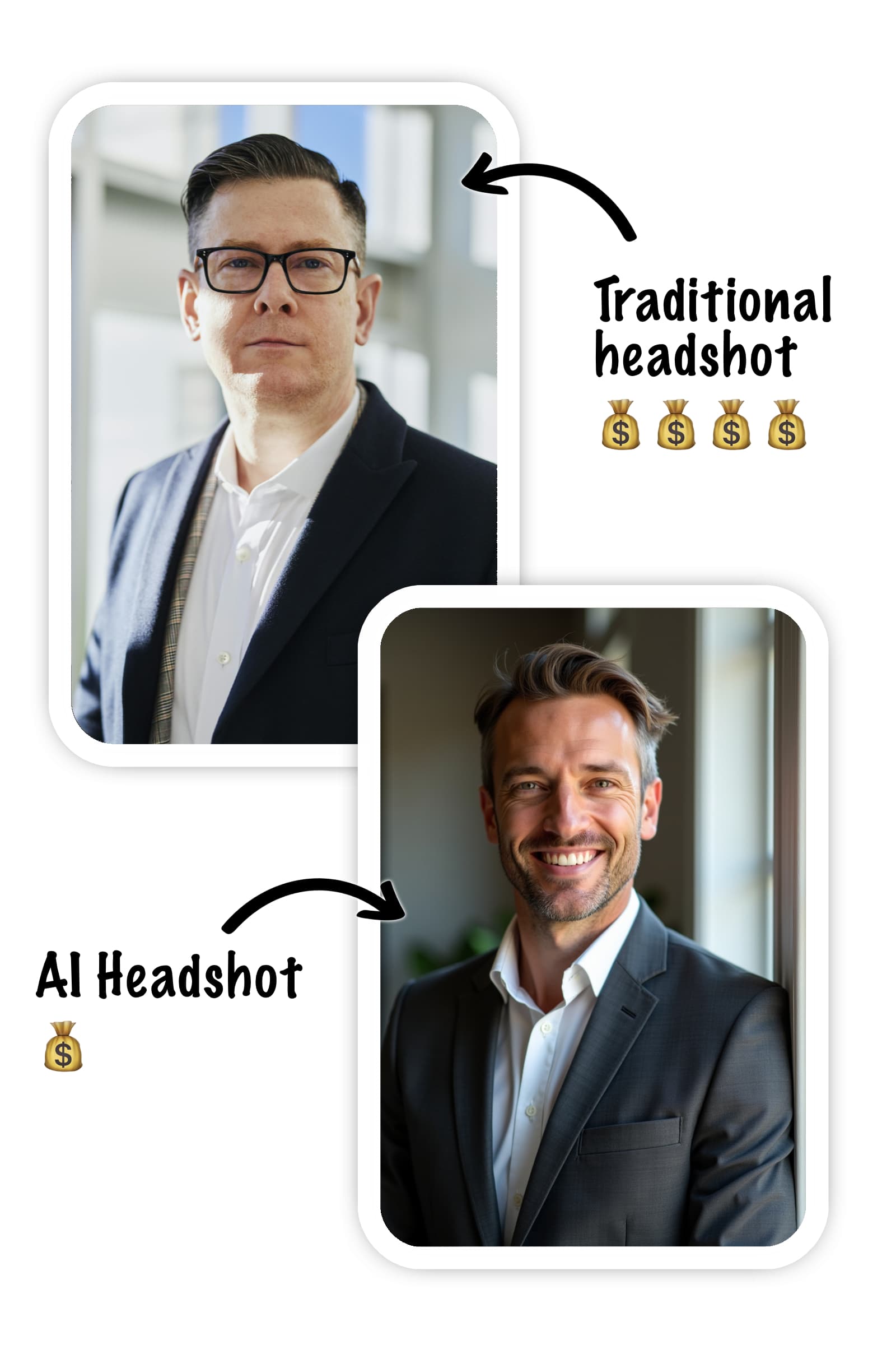 Two pictures of real estate agents, one a traditional headshot, and one an AI headshot