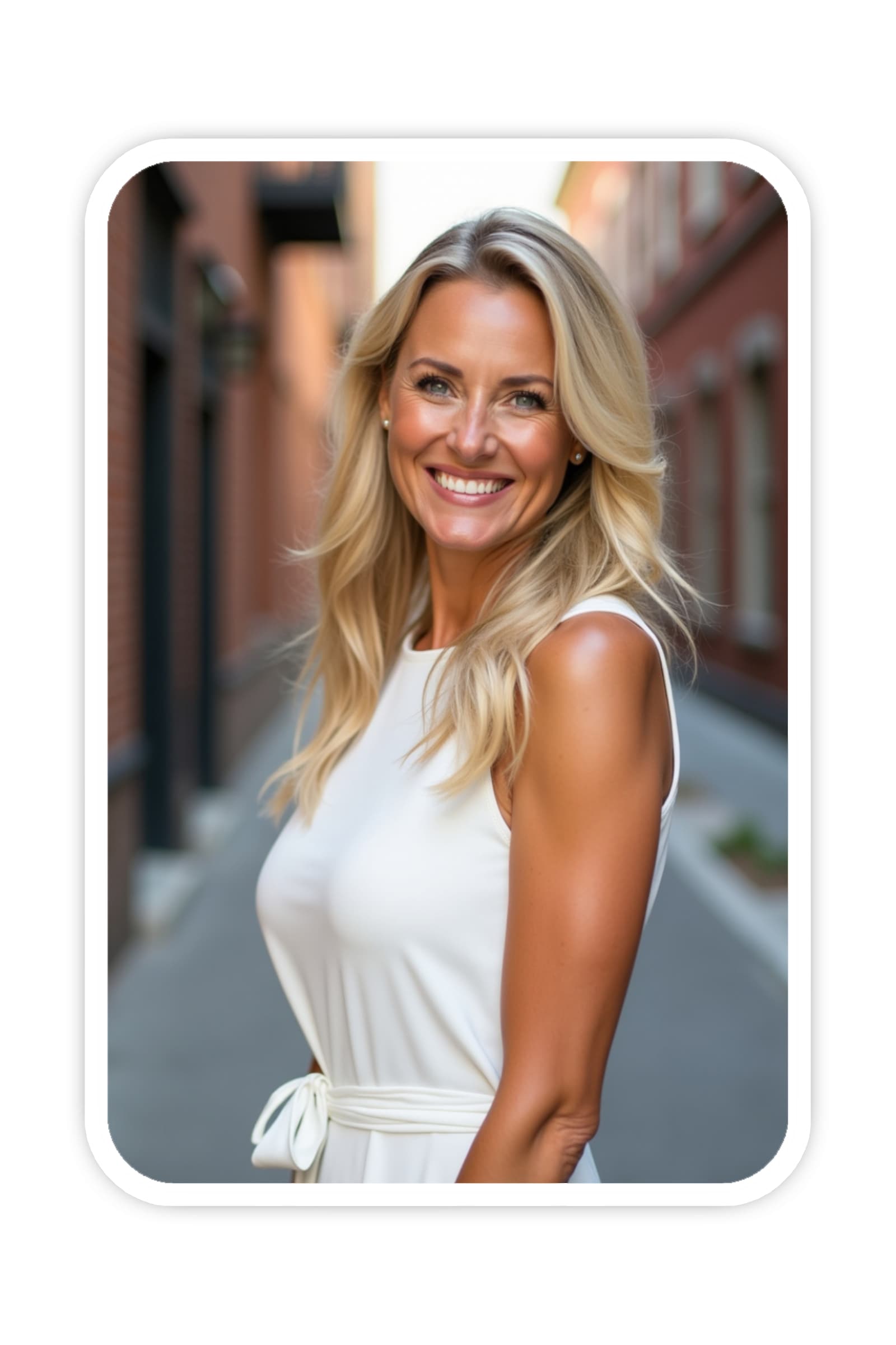 A female realtor, wearing a white dress, standing in an alley