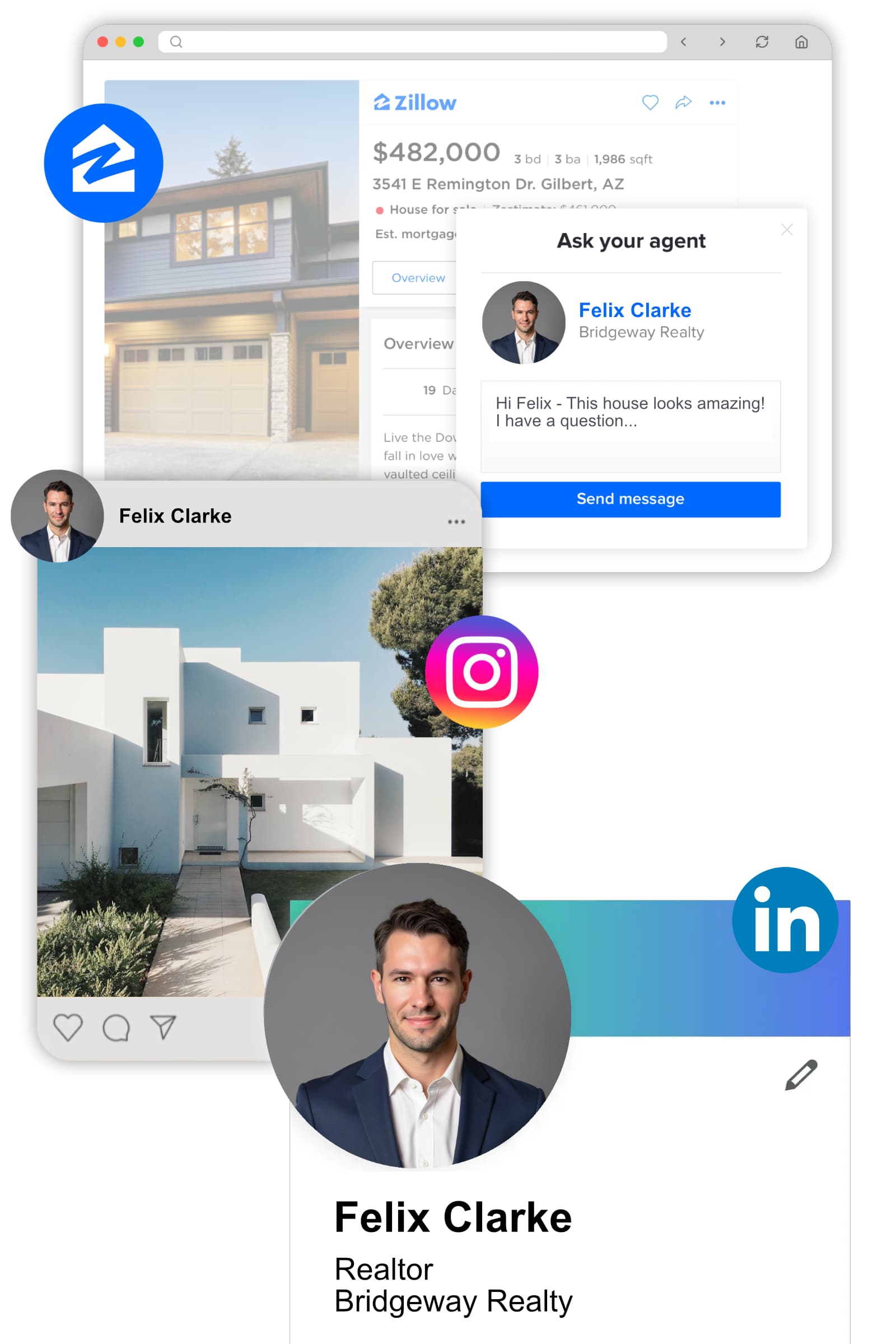 a picture of the same agents headshot in LinkedIn, Instagram, and Zillow