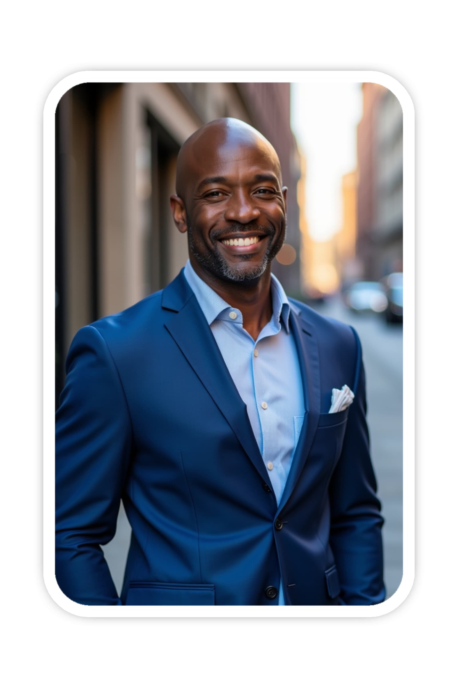 A male realtor, wearing a blue suit, standing in a city street