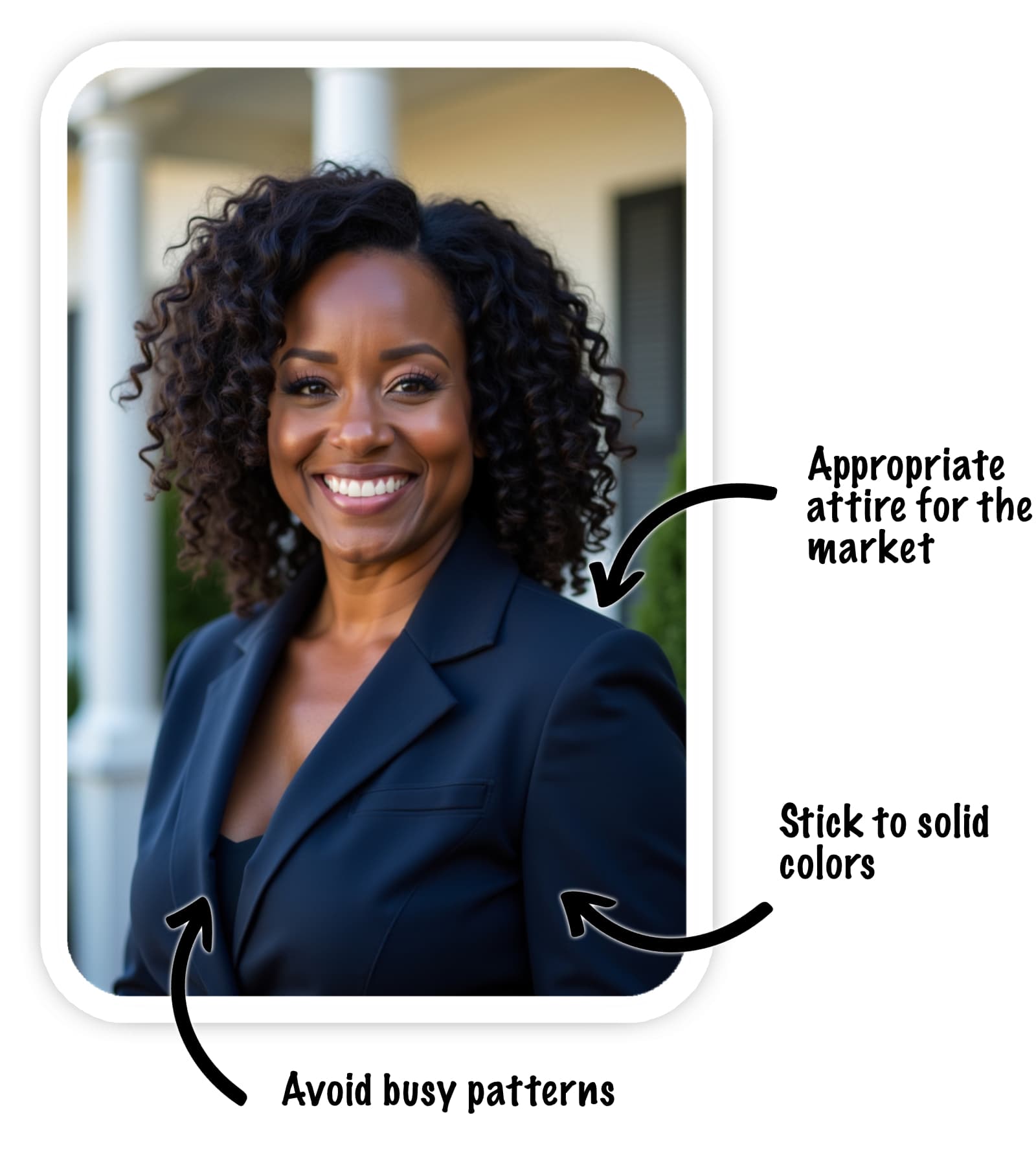 A female realtor, wearing a blue suit, standing in front of a suburban home, with tooltips pointing to her outfit