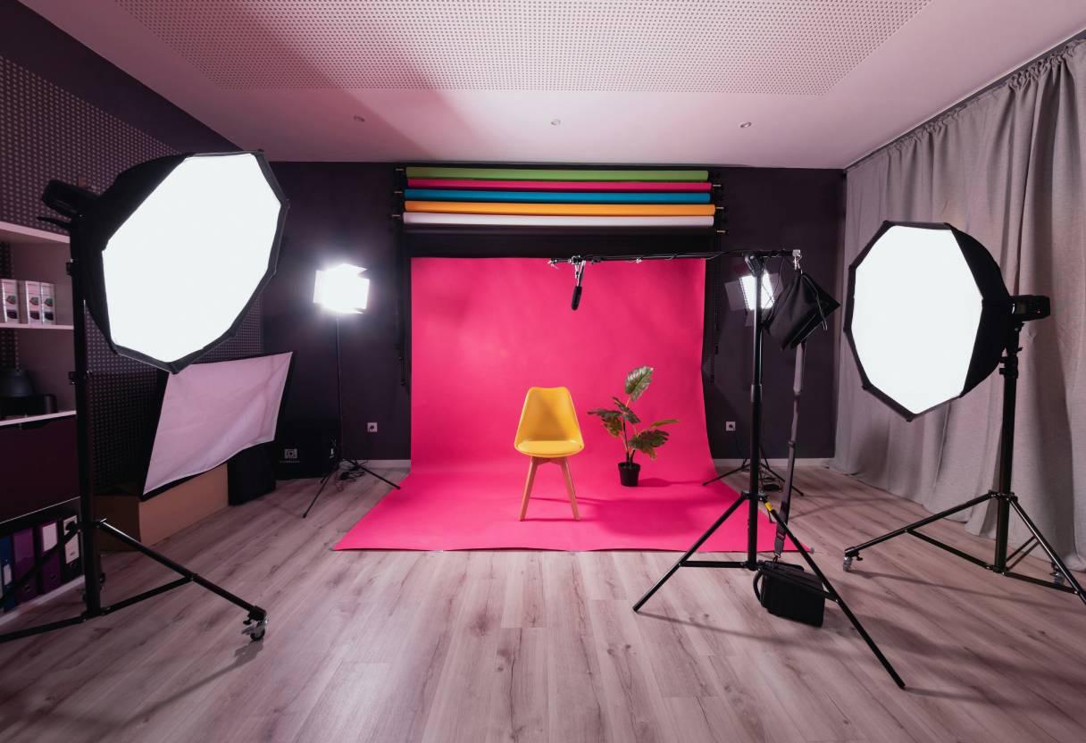 An empty photo studio with a backdrop and lighting setup