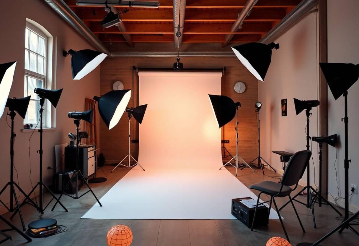 An empty photo studio with a backdrop and lighting setup