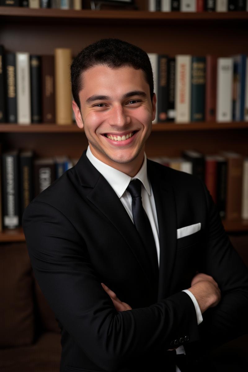 AI headshot of a man wearing a black suit in front of a shelves of books