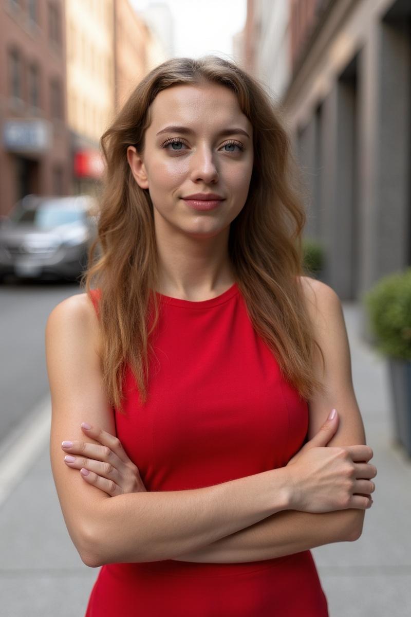 AI headshot of a woman wearing a red dress with her arms crossed, standing in the street