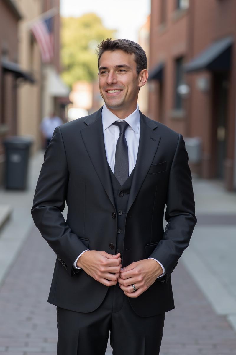 AI headshot of a man dressed in a suit in an alley