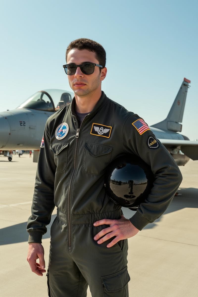 A navy pilot stands in front of a plane.