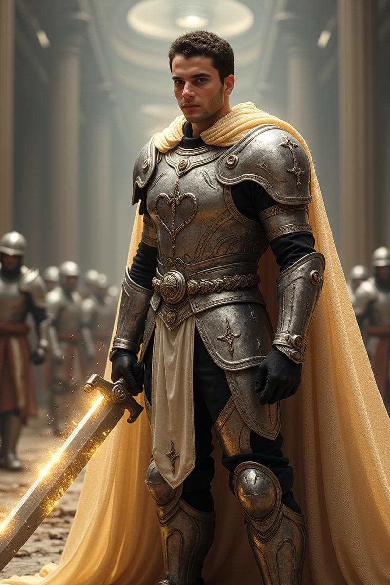 A powerful paladin stands in front of his men.