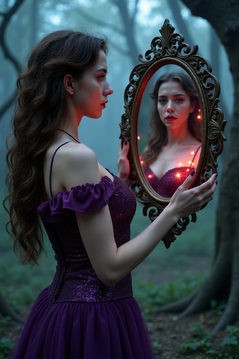 A women looks into an enchanted mirror.